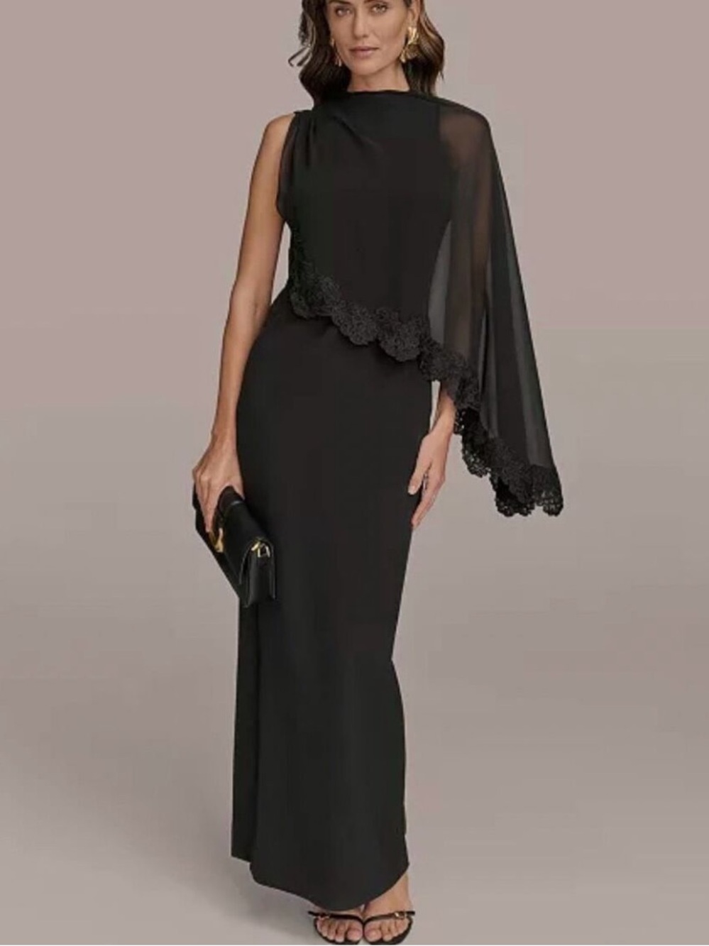 Donna Karan Black One-Shoulder Evening Gown with Sheer Cape